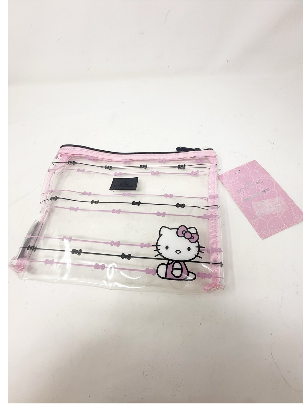 New HELLO KITTY X IMPRESSIONS Clear Pink Black Makeup Bag Zip Close 8” X 10”